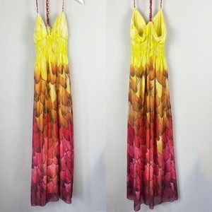 Ombré Pink Feather Boho Maxi Dress | Size Small